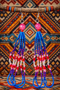 Blue & Crimson Beaded Fringe Earrings