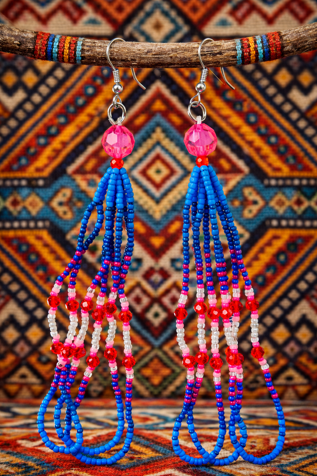 Blue & Crimson Beaded Fringe Earrings